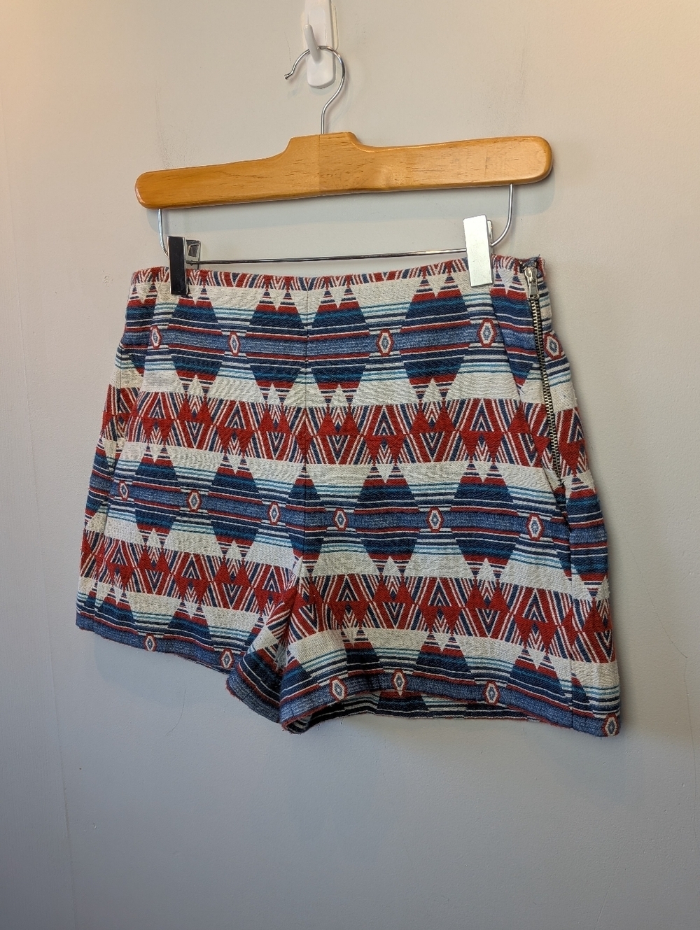ZARA Women Aztec Mini Short Size Large Made In Morocco Blue Red White Colors